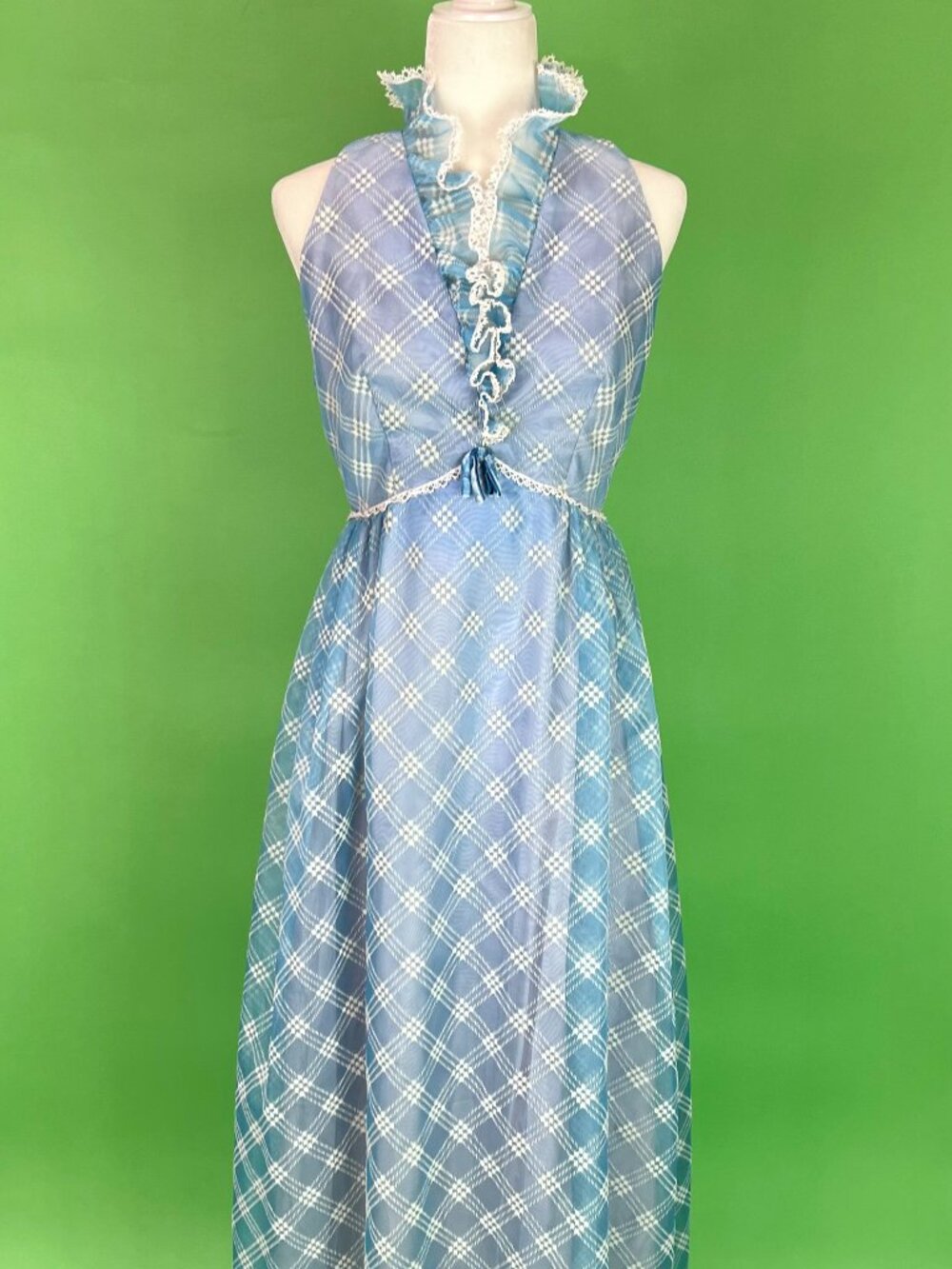 Vintage 70s Pastel Blue and White Flocked Plaid Ruffled Maxi Dress Size XS/S
